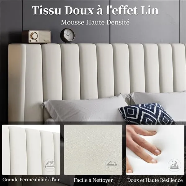 Yaheetech Lit Double Rembourré 160x200 cm avec Sommier à Lattes, Cadre de Lit Moderne pour Adultes 2 Personnes, Tête de Lit à Rayures, Lit en Bois et Métal, Beige