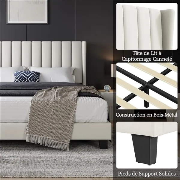 Yaheetech Lit Double Rembourré 160x200 cm avec Sommier à Lattes, Cadre de Lit Moderne pour Adultes 2 Personnes, Tête de Lit à Rayures, Lit en Bois et Métal, Beige