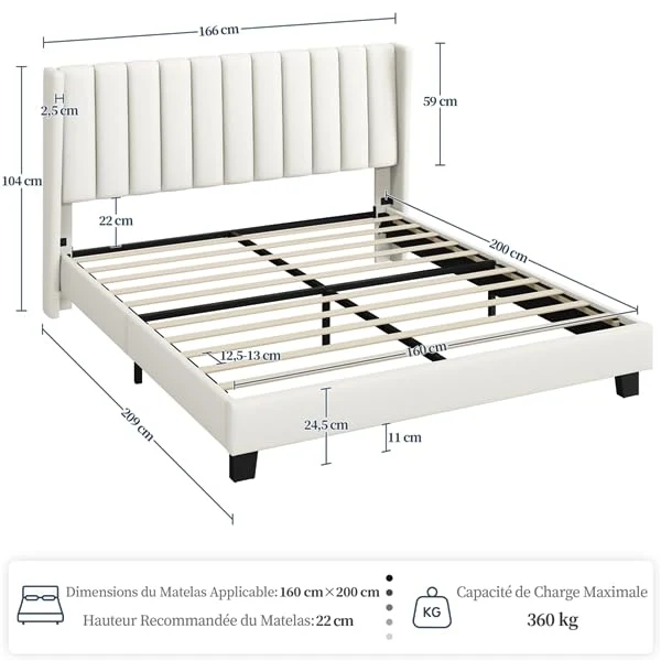 Yaheetech Lit Double Rembourré 160x200 cm avec Sommier à Lattes, Cadre de Lit Moderne pour Adultes 2 Personnes, Tête de Lit à Rayures, Lit en Bois et Métal, Beige
