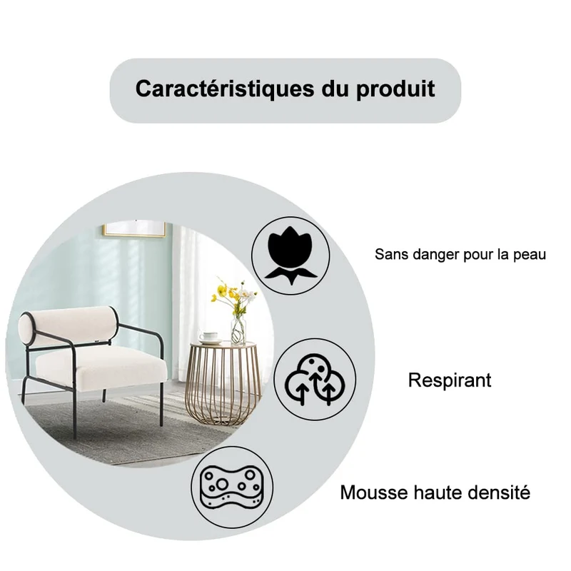 Mingone Fauteuil Salon Design Fauteuil Laine en Métal avec Dossier Confortable Chaise D'appoint avec Accoudoirs Chaise Rembourré pour Salon Chambre, Blanc