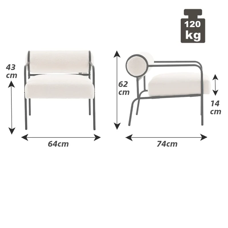 Mingone Fauteuil Salon Design Fauteuil Laine en Métal avec Dossier Confortable Chaise D'appoint avec Accoudoirs Chaise Rembourré pour Salon Chambre, Blanc