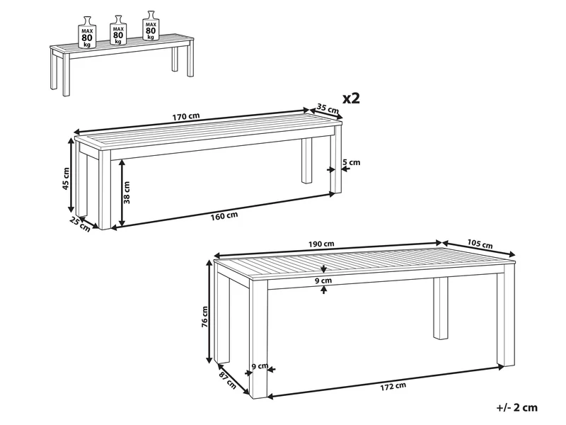 Ensemble Repas de Jardin 6 Places Table et 2 Bancs en Bois d'Eucalyptus Clair pour Jardin ou Terrasse Rustique Monsano Beliani