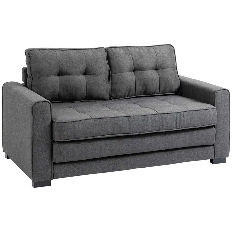 HOMCOM Canapé Convertible 2 Places canapé-lit avec Dossier capitonné, Coussins et Matelas Pliable au Sol, canapé en Tissu Effet Lin pour Salon, Chambre d'amis, 147,5 x 75 x 85 cm, Gris