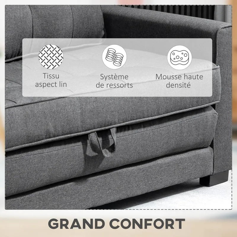 HOMCOM Canapé Convertible 2 Places canapé-lit avec Dossier capitonné, Coussins et Matelas Pliable au Sol, canapé en Tissu Effet Lin pour Salon, Chambre d'amis, 147,5 x 75 x 85 cm, Gris
