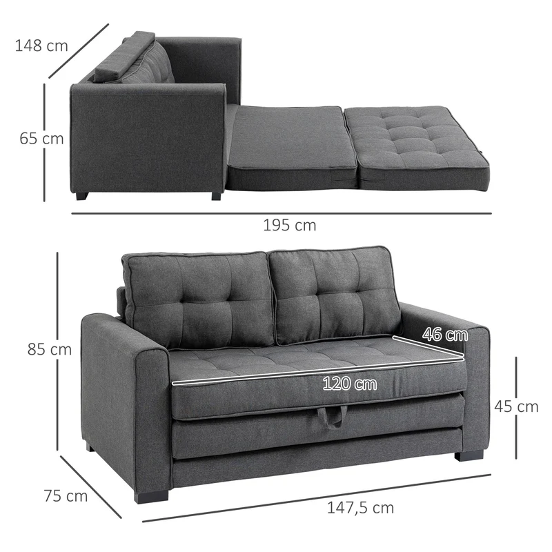 HOMCOM Canapé Convertible 2 Places canapé-lit avec Dossier capitonné, Coussins et Matelas Pliable au Sol, canapé en Tissu Effet Lin pour Salon, Chambre d'amis, 147,5 x 75 x 85 cm, Gris
