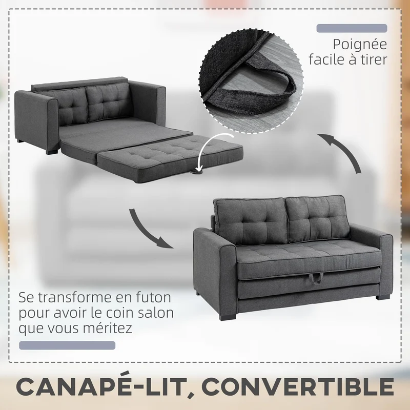 HOMCOM Canapé Convertible 2 Places canapé-lit avec Dossier capitonné, Coussins et Matelas Pliable au Sol, canapé en Tissu Effet Lin pour Salon, Chambre d'amis, 147,5 x 75 x 85 cm, Gris