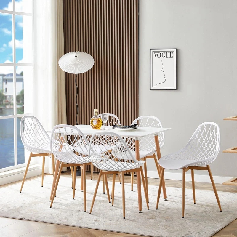 LafeuR Lot de 6 chaises de jardin avec table rectangulaire 110 x 70 cm, pour terrasse, balcon, salon de jardin pour 6 personnes (table à manger blanche + 6 chaises blanches)