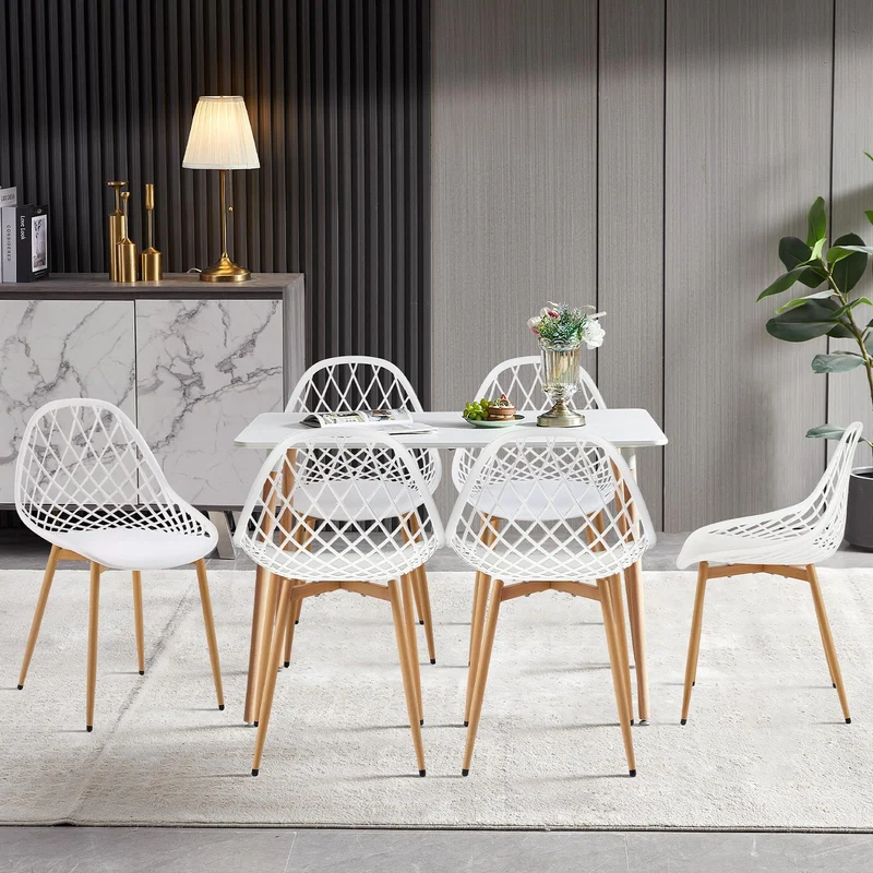 LafeuR Lot de 6 chaises de jardin avec table rectangulaire 110 x 70 cm, pour terrasse, balcon, salon de jardin pour 6 personnes (table à manger blanche + 6 chaises blanches)