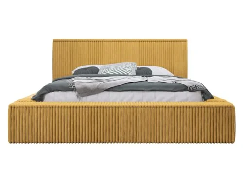 Best Mobilier - Lit 160X200 cm Swan en Velours Côtelé Jaune avec Sommier Inclus - Chambre Adulte