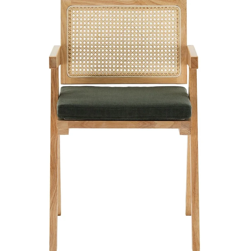 HOMIFAB Chaise en Bois Massif, cannage Naturel et Velours côtelé Vert - Lina