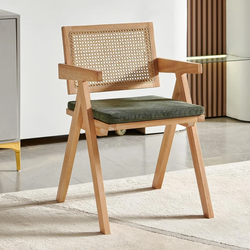 HOMIFAB Chaise en Bois Massif, cannage Naturel et Velours côtelé Vert - Lina