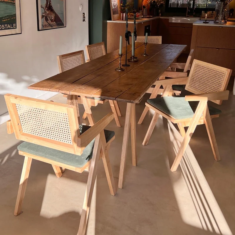 HOMIFAB Chaise en Bois Massif, cannage Naturel et Velours côtelé Vert - Lina