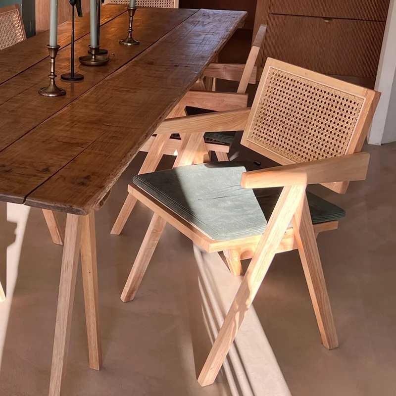 HOMIFAB Chaise en Bois Massif, cannage Naturel et Velours côtelé Vert - Lina