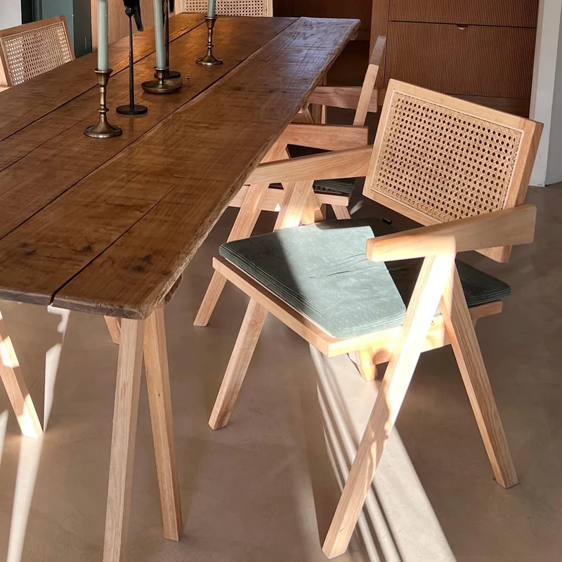 HOMIFAB Chaise en Bois Massif, cannage Naturel et Velours côtelé Vert - Lina