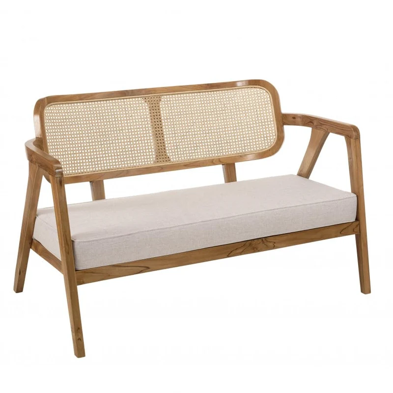 MACABANE Will - Canapé Flores 2 p. en Teck Dossier cannage Naturel Coussin Gris