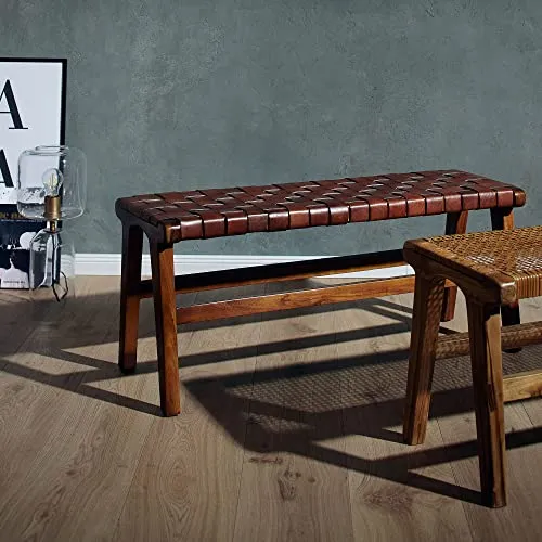 URBANARA Kamaru Banc en bois de teck avec cuir tressé, cognac, fabriqué à la main, style rétro