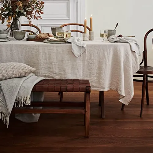 URBANARA Kamaru Banc en bois de teck avec cuir tressé, cognac, fabriqué à la main, style rétro