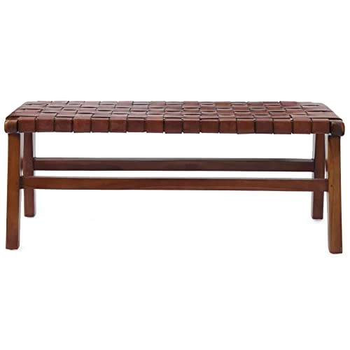 URBANARA Kamaru Banc en bois de teck avec cuir tressé, cognac, fabriqué à la main, style rétro