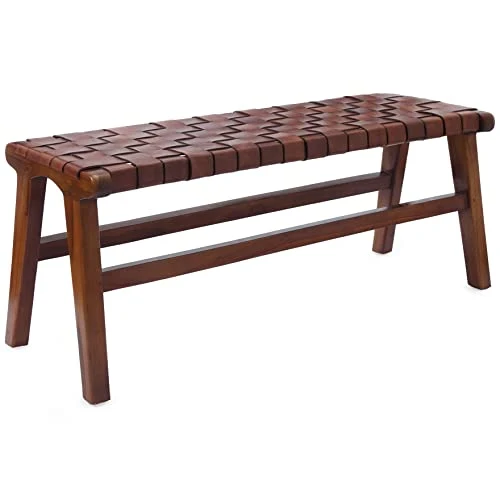 URBANARA Kamaru Banc en bois de teck avec cuir tressé, cognac, fabriqué à la main, style rétro