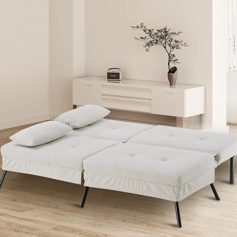 COMHOMA Canapé-lit avec Fonction de Couchage - Housse futon Convertible - Canapé d'angle - Canapé d'invité 3 Places - avec Dossier réglable en Velours côtelé Beige