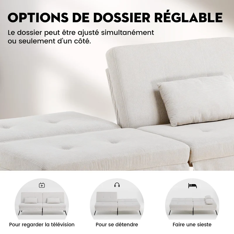 COMHOMA Canapé-lit avec Fonction de Couchage - Housse futon Convertible - Canapé d'angle - Canapé d'invité 3 Places - avec Dossier réglable en Velours côtelé Beige