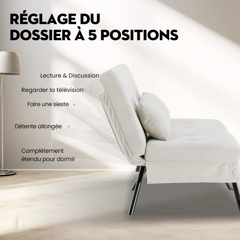 COMHOMA Canapé-lit avec Fonction de Couchage - Housse futon Convertible - Canapé d'angle - Canapé d'invité 3 Places - avec Dossier réglable en Velours côtelé Beige