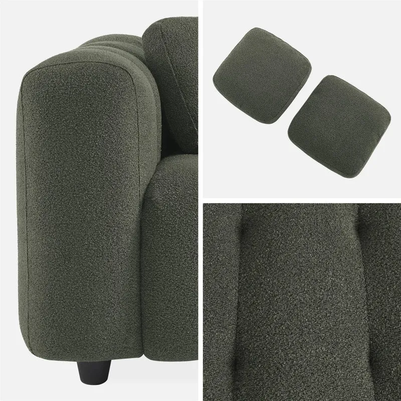 sweeek - Canapé 3 Places en Bouclette texturée capitonné Kaki foncé - Structure Bois d'eucalyptus et contreplaqué