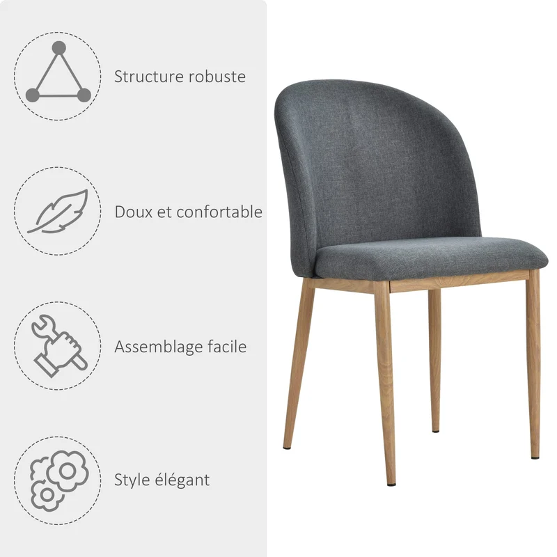 HOMCOM Lot de 2 chaises de Salle à Manger Chaise de Salon Pieds en métal Imitation Bois 50 x 58 x 85 cm Gris