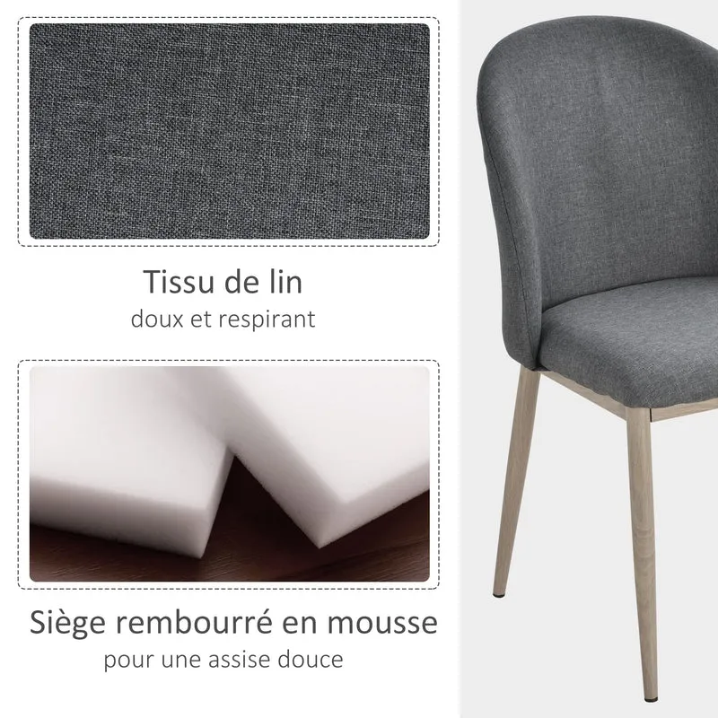 HOMCOM Lot de 2 chaises de Salle à Manger Chaise de Salon Pieds en métal Imitation Bois 50 x 58 x 85 cm Gris