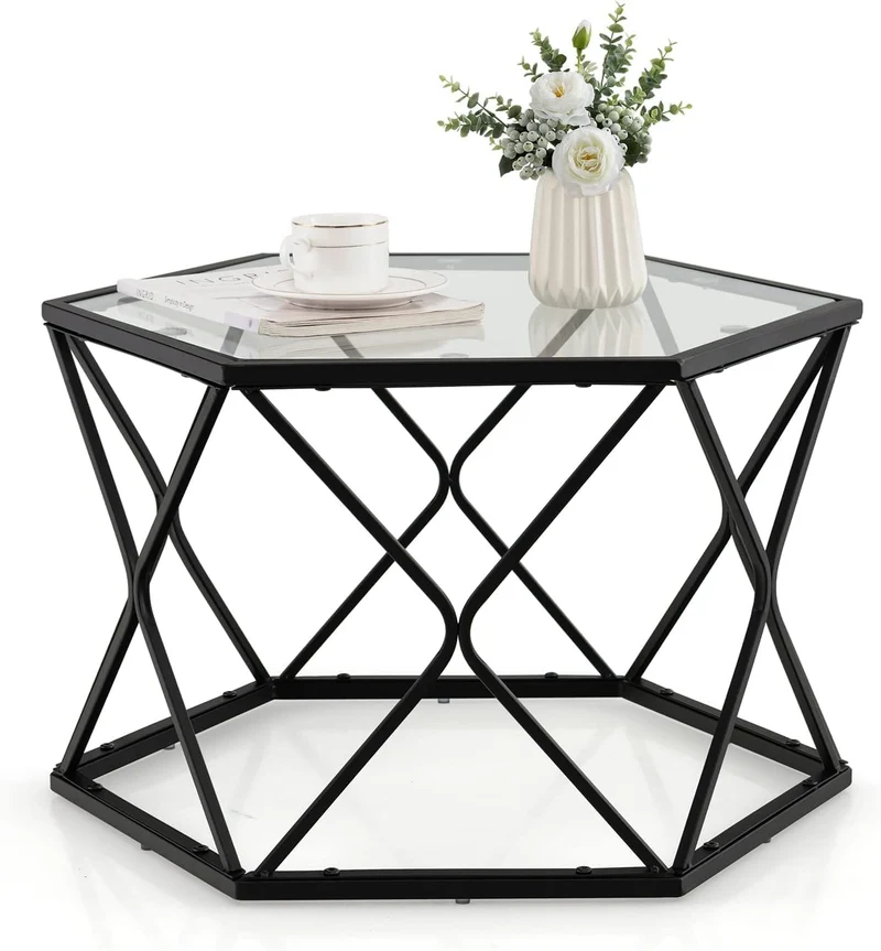 LIFEZEAL Table Basse en Verre Trempé, Table de Salon Hexagonal 65 x 56,5 x 40,5 cm, Table d'Appoint avec Cadre en Fer, Noir