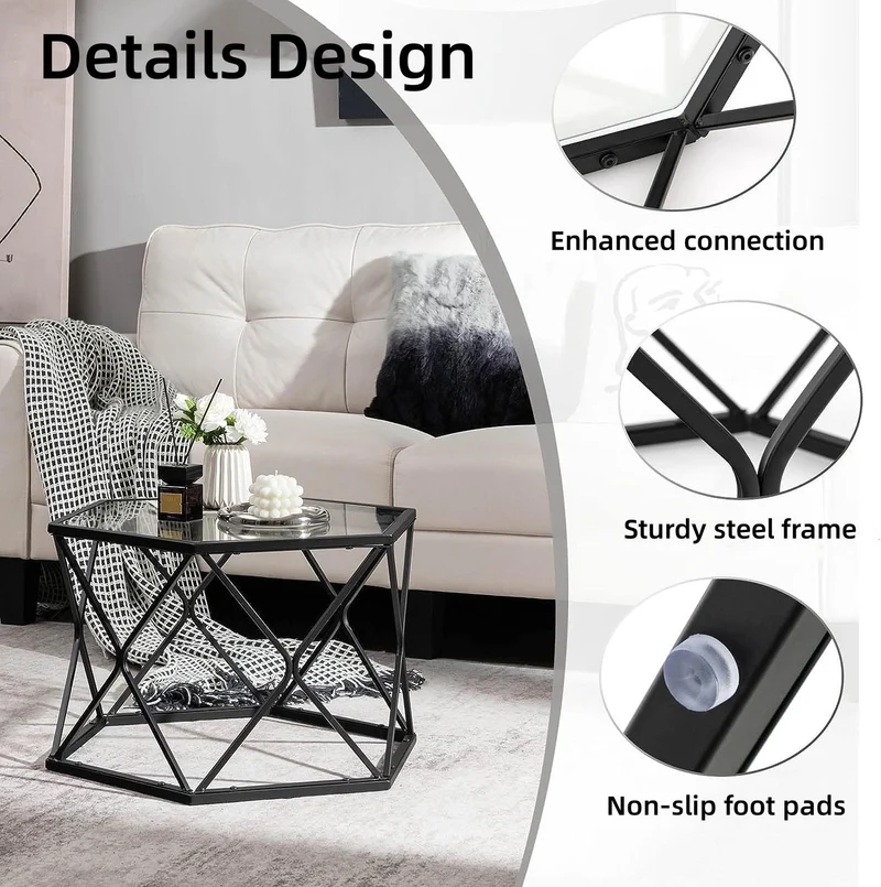 LIFEZEAL Table Basse en Verre Trempé, Table de Salon Hexagonal 65 x 56,5 x 40,5 cm, Table d'Appoint avec Cadre en Fer, Noir