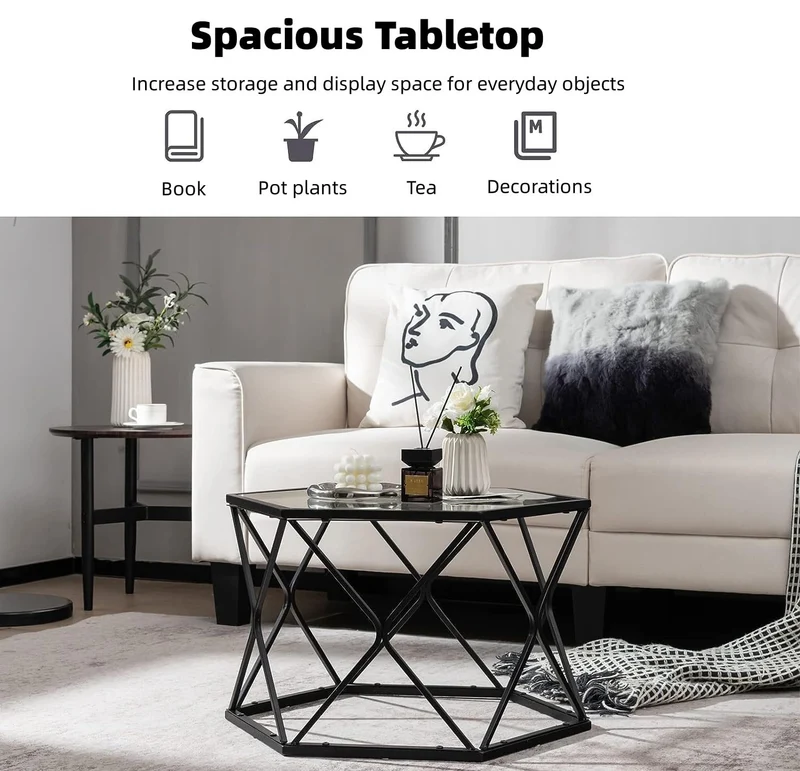 LIFEZEAL Table Basse en Verre Trempé, Table de Salon Hexagonal 65 x 56,5 x 40,5 cm, Table d'Appoint avec Cadre en Fer, Noir
