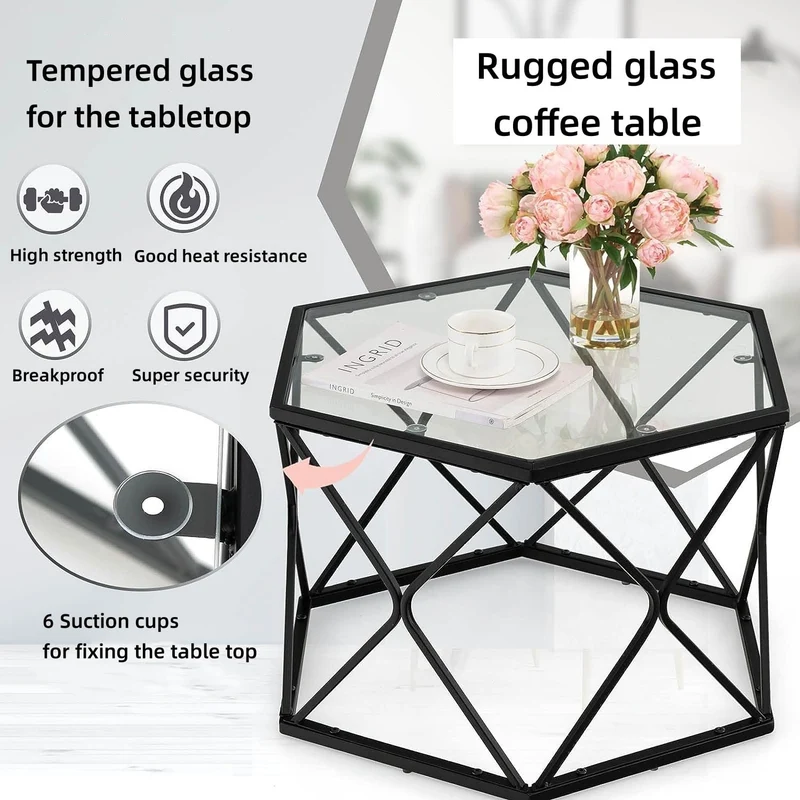LIFEZEAL Table Basse en Verre Trempé, Table de Salon Hexagonal 65 x 56,5 x 40,5 cm, Table d'Appoint avec Cadre en Fer, Noir