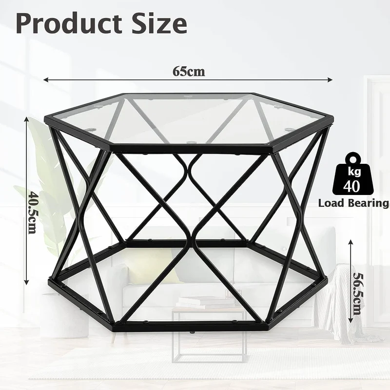 LIFEZEAL Table Basse en Verre Trempé, Table de Salon Hexagonal 65 x 56,5 x 40,5 cm, Table d'Appoint avec Cadre en Fer, Noir
