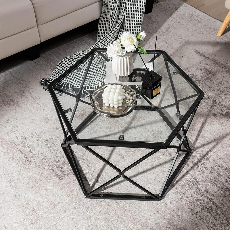 LIFEZEAL Table Basse en Verre Trempé, Table de Salon Hexagonal 65 x 56,5 x 40,5 cm, Table d'Appoint avec Cadre en Fer, Noir
