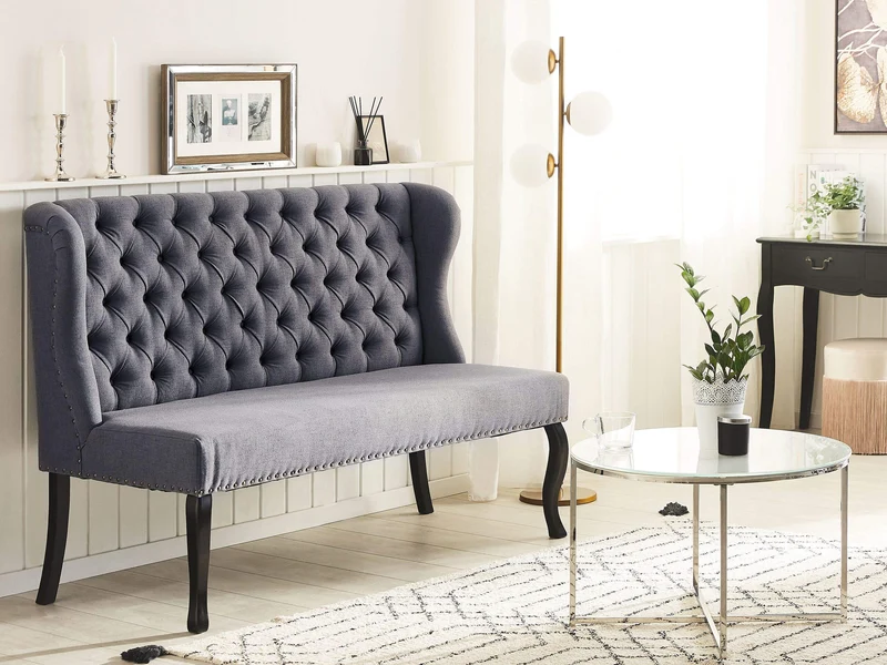 Canapé Banquette 2 Places en Tissu Gris Foncé avec Piétement Noir en Bois et Haut Dossier Capitonné pour Salon ou Couloir Vintage Classique Beliani