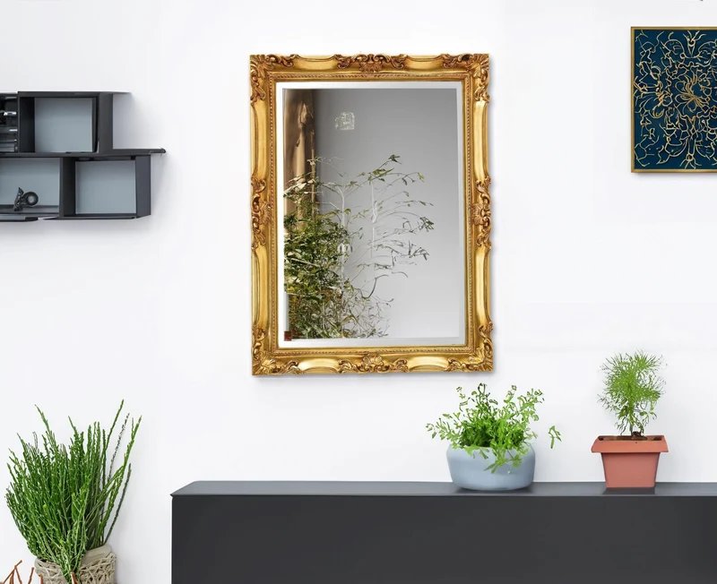 MO.WA Miroir Mural Rectangulaire Classique Feuille d'or 62x82 Miroir Baroque Miroir Cadre Bois doré Miroirs muraux Style Louis XIV Chambre Couloir Salle de Bain Salon Made in Italy