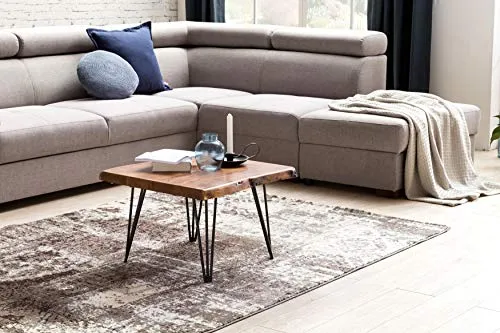 Table basse design Sheesham en bois massif - Bord d'arbre - 56 x 38 x 51 cm - Table en bois de sheesham avec pieds en métal - Table de salon de style maison de campagne rustique