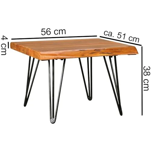 Table basse design Sheesham en bois massif - Bord d'arbre - 56 x 38 x 51 cm - Table en bois de sheesham avec pieds en métal - Table de salon de style maison de campagne rustique