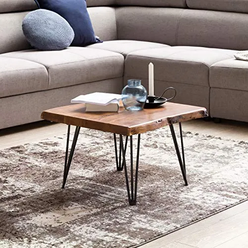 Table basse design Sheesham en bois massif - Bord d'arbre - 56 x 38 x 51 cm - Table en bois de sheesham avec pieds en métal - Table de salon de style maison de campagne rustique