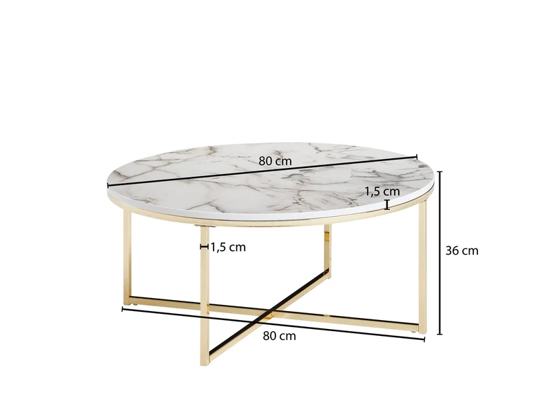 FineBuy Table Basse de Salon Effet Marbré 80x36x80 cm MDF et Metal | Grande Table de Canapé Ronde Blanc Or | Design Table d'appoint Moderne