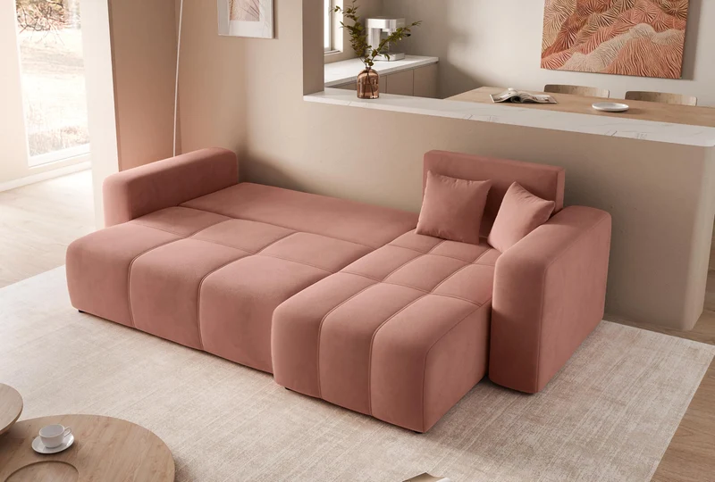 GREKPOL Canapé d'angle Convertible 145x248 à Gauche ou à Droite - Canapé 3 Places Convertible - Canapé Rose - Canapé avec Espace de Rangement - Canapé Lit - Canapé Convertible