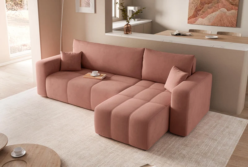 GREKPOL Canapé d'angle Convertible 145x248 à Gauche ou à Droite - Canapé 3 Places Convertible - Canapé Rose - Canapé avec Espace de Rangement - Canapé Lit - Canapé Convertible