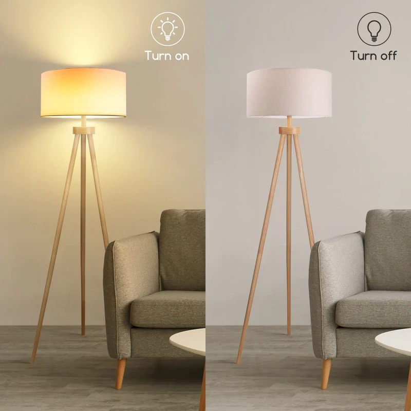 Aigostar Lampadaire Sur Pied Salon Vintange,Lampadaire Trépied en Bois,Ampoule Non Incluse,Compatible Ampoule LED E27,Avec Interrupteur à Pied et Abat-Jour en Lin,Idéal Salon,Chambre,Bureau