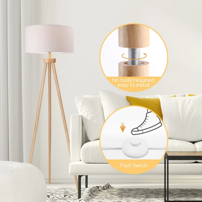 Aigostar Lampadaire Sur Pied Salon Vintange,Lampadaire Trépied en Bois,Ampoule Non Incluse,Compatible Ampoule LED E27,Avec Interrupteur à Pied et Abat-Jour en Lin,Idéal Salon,Chambre,Bureau