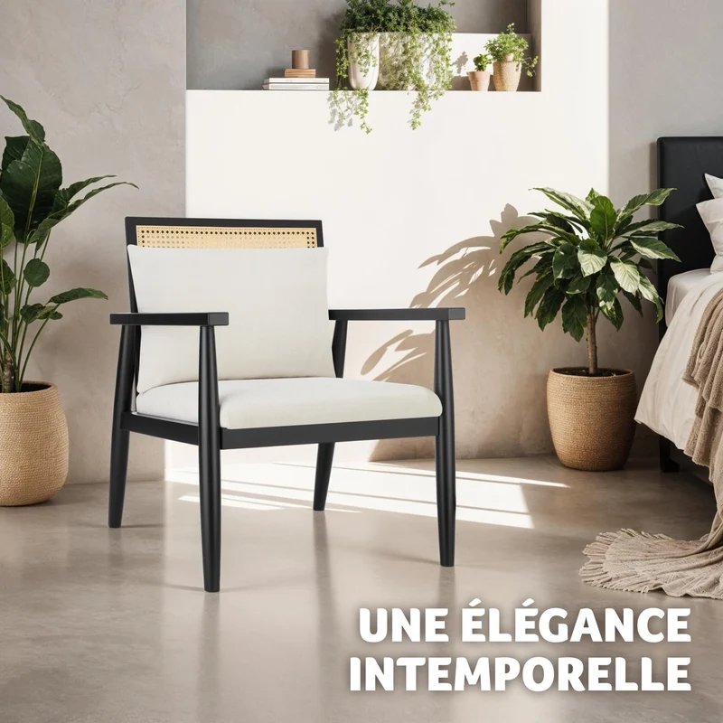 TecTake® Fauteuil Relax Fauteuil Salon Confortable en Bois Massif & Cannage, avec Coussins & Accoudoirs pour Salle à Manger, Salon, Chambre, Chaise Bureau, Allaitement, TV