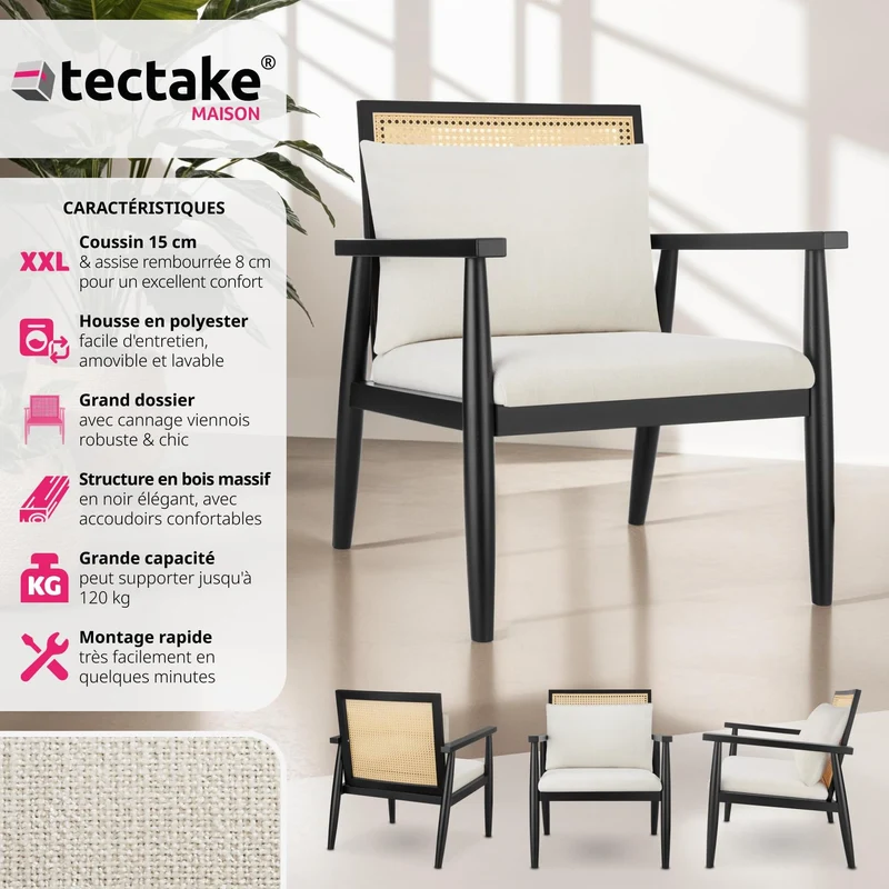 TecTake® Fauteuil Relax Fauteuil Salon Confortable en Bois Massif & Cannage, avec Coussins & Accoudoirs pour Salle à Manger, Salon, Chambre, Chaise Bureau, Allaitement, TV