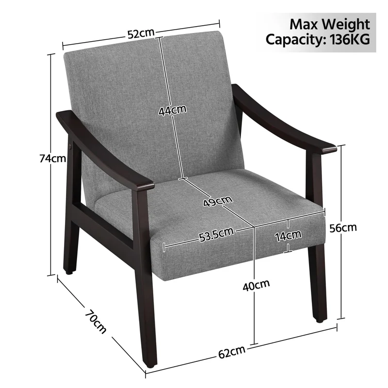 Yaheetech Fauteuil de Salon avec Accoudoirs Courbes Chaise Ergonomique Cadre en Bois d’hévéa pour Salon Chambre Salle de Séjour Bureau 62×70×74 cm Gris Foncé