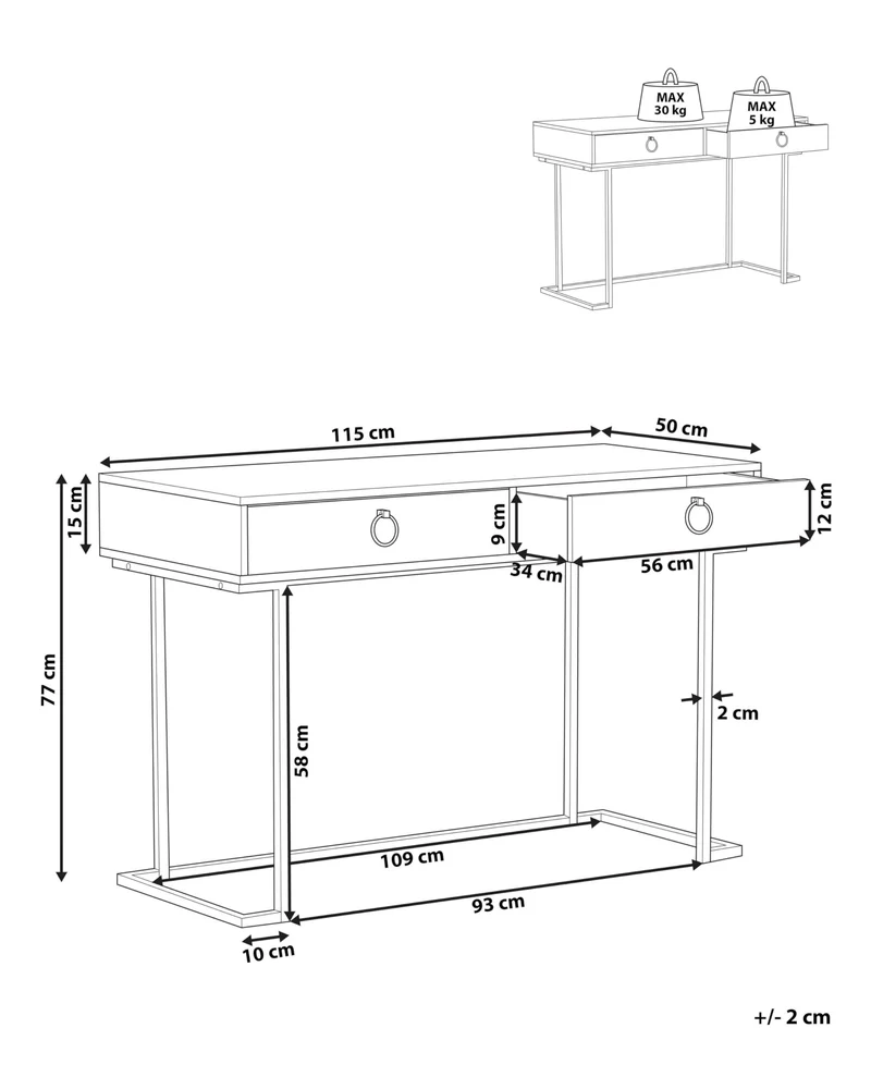 Table Console Blanche et Dorée avec 2 Tiroirs Poignées Design Idéale comme Coiffeuse ou Bureau pour Chambre ou Salon Glamour Beliani