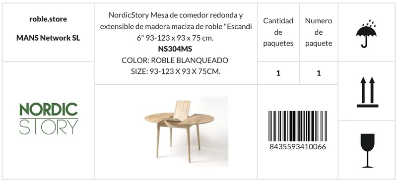 Nordic Story Escandi 6 Table de salle à manger ronde extensible en bois de chêne massif Style nordique 93-123 x 93 x 75 cm (chêne blanchi)